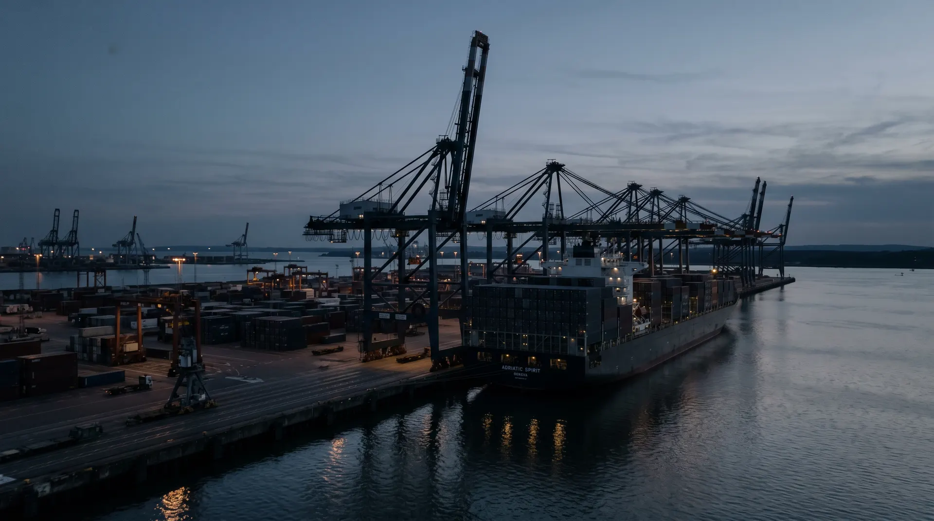 Container port at dusk with vessel and cranes