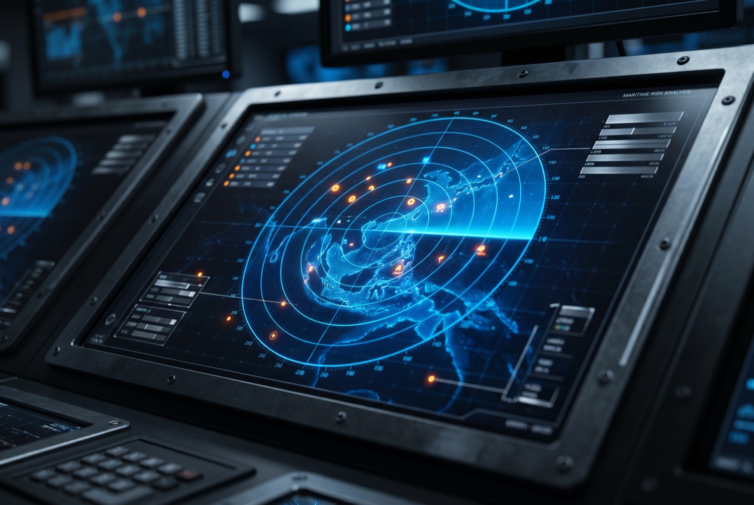 Maritime risk analysis interface with radar rings and anomaly indicators