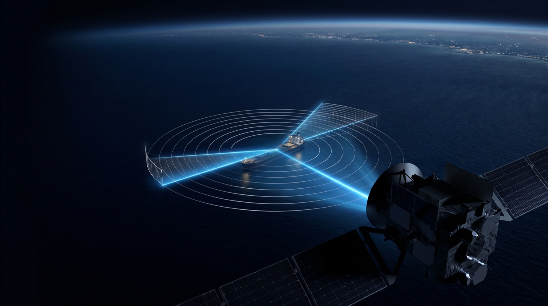 Satellite monitoring of a vessel at sea with a scanning radar overlay